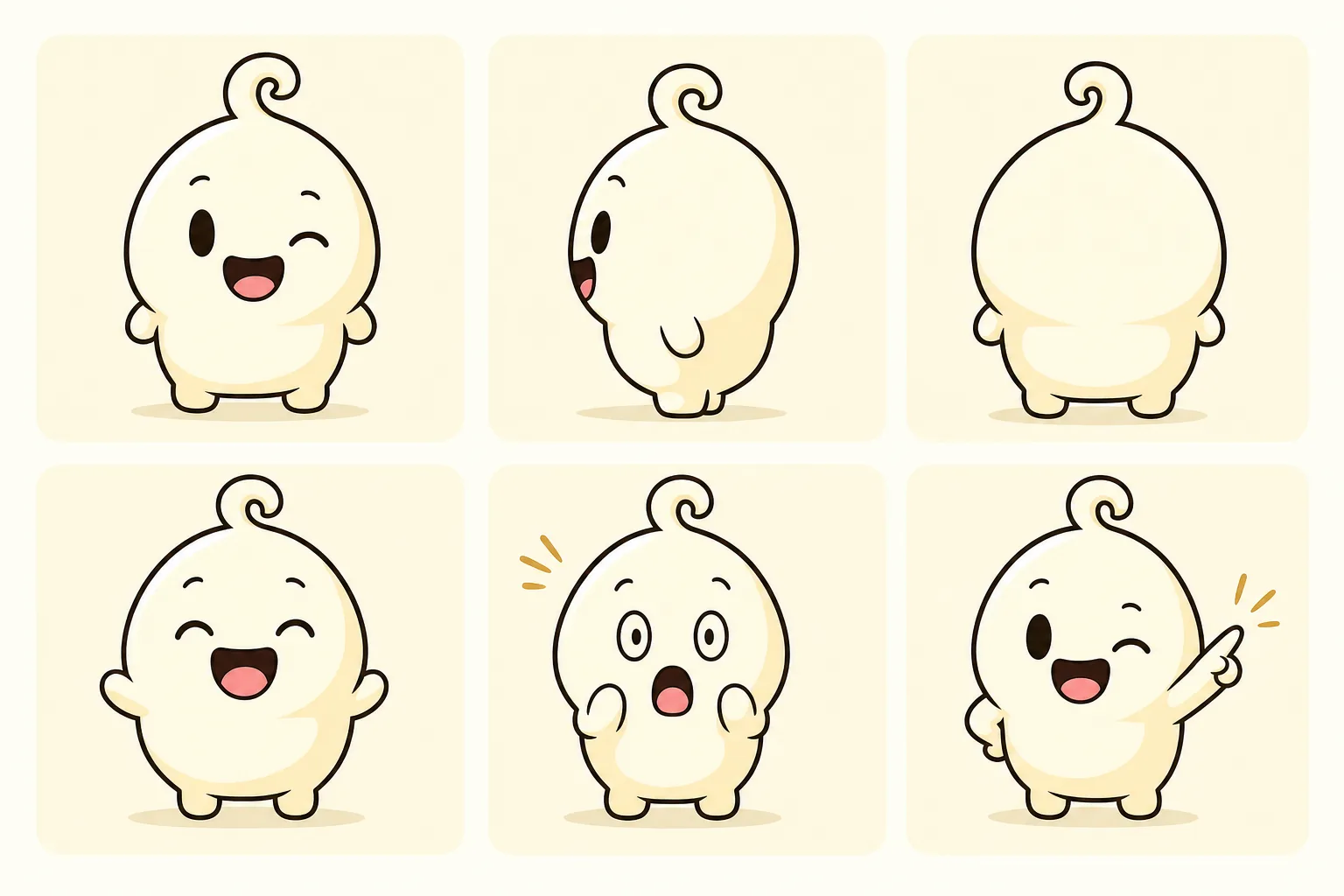 GUBU character sheet showing poses, expressions, and model views