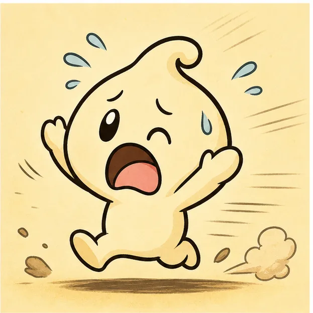 GUBU panic running pose with shocked expression